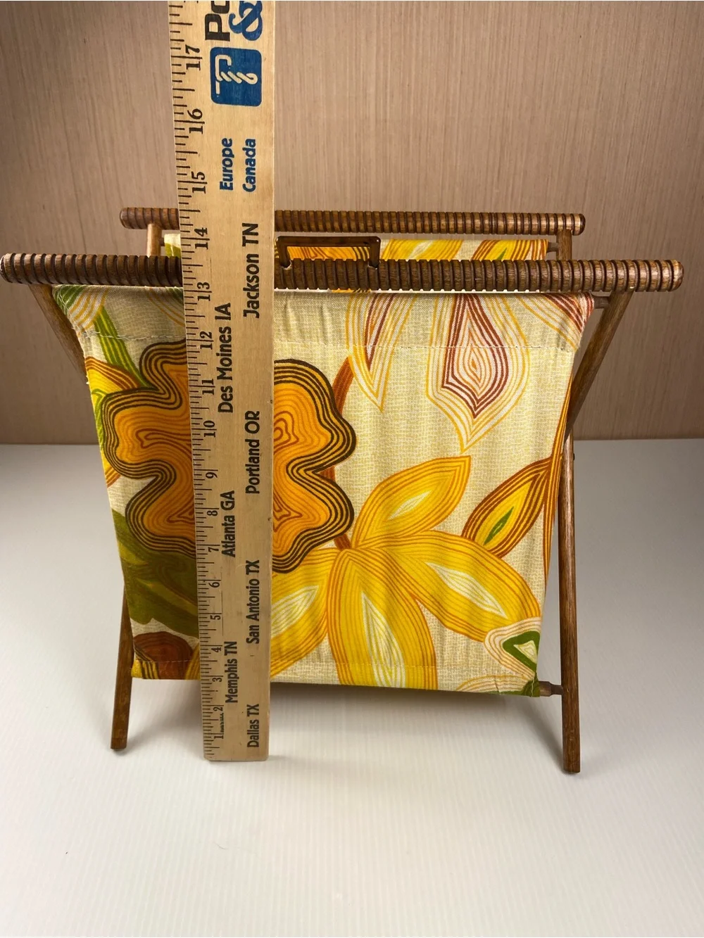 Vintage MCM Folding Magazine Rack Knitting Sewing Basket Mod Floral Wood Stand